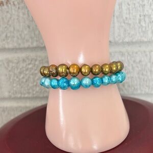 Set of 2 Genuine 8mm Turquoise & Bronze Dyed Pearl Stretch Bracelets 6.5" - 7.5"